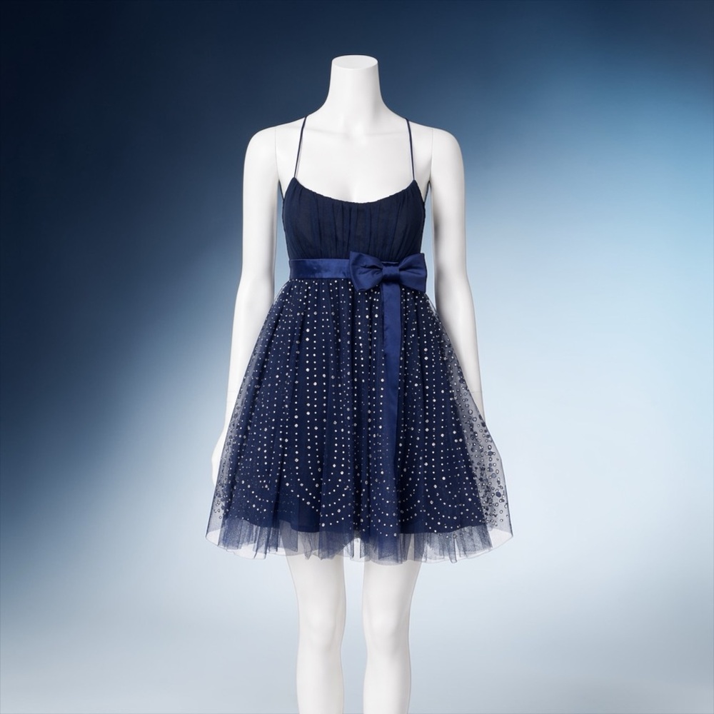 Navy Spaghetti Strap Tulle Party Dress with Bow